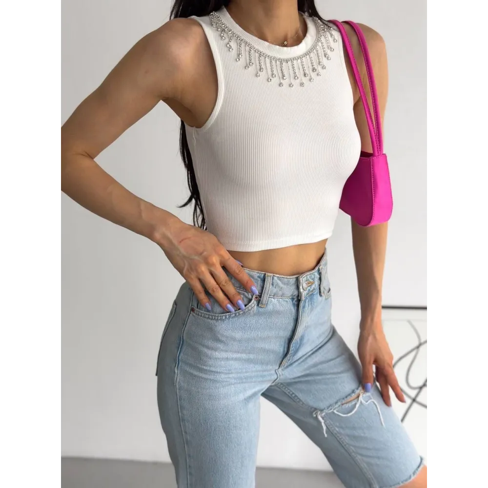 Fitilli Kaşkorse Yakası Zincirli Atlet Beyaz (Beden: L)