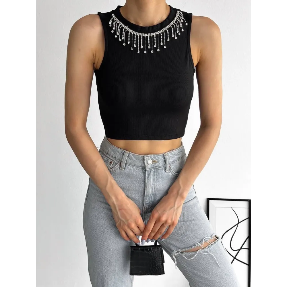 Fitilli Kaşkorse Yakası Zincirli Atlet Siyah (Beden: S)