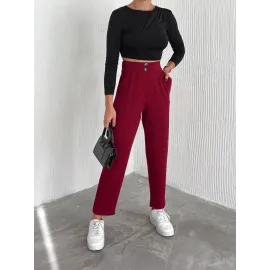 Örme Krep Pantolon Çift Düğmeli Bordo (Beden: S)