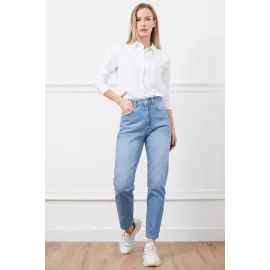 Yüksek Bel Mom Jean Pantolon Mavi (Beden: 34)