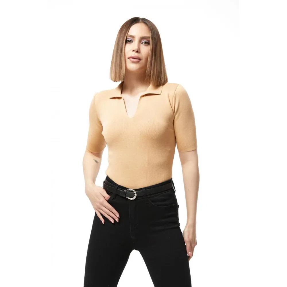 Gömlek Yaka Yazlık Triko Bluz Bej (Beden: Standart)