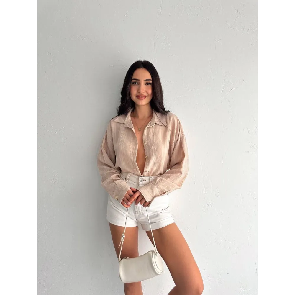 Çizgili Oversize Gömlek Bej (Beden: S)