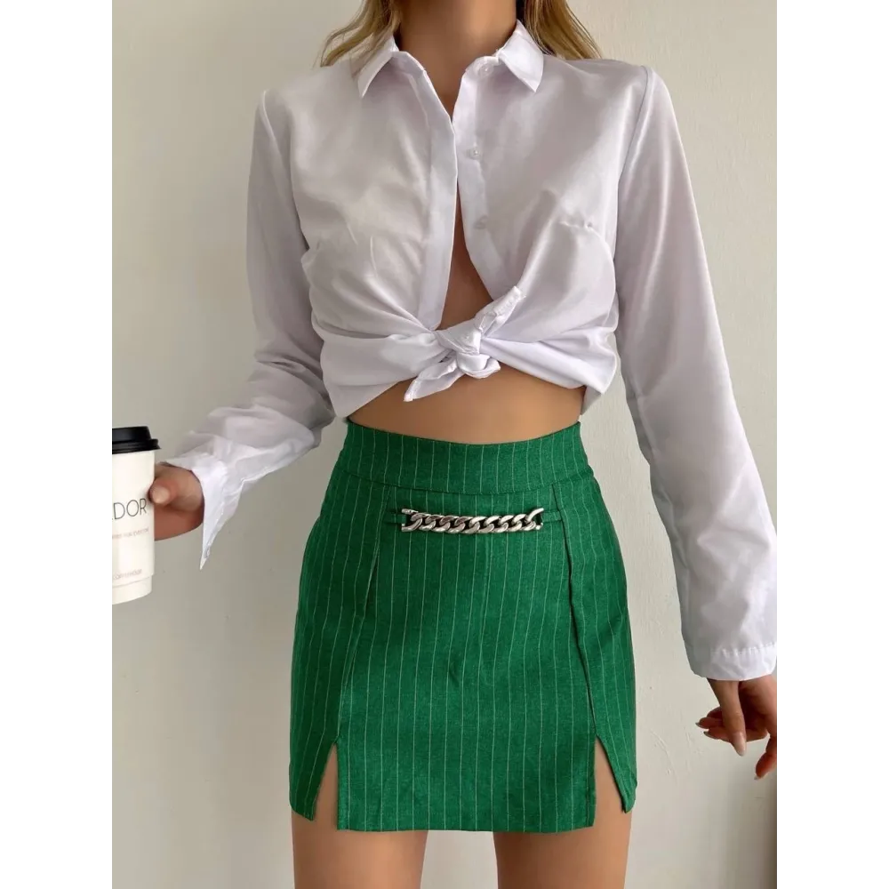 Zincir Detaylı Çizgili Şort Etek Yeşil (Beden: M)