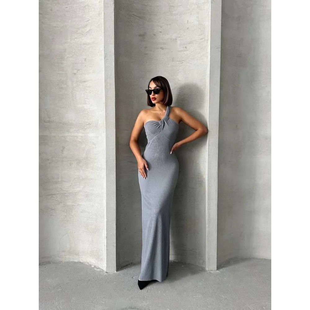 Tek Omuz Pliseli Elbise Gri (Beden: M)