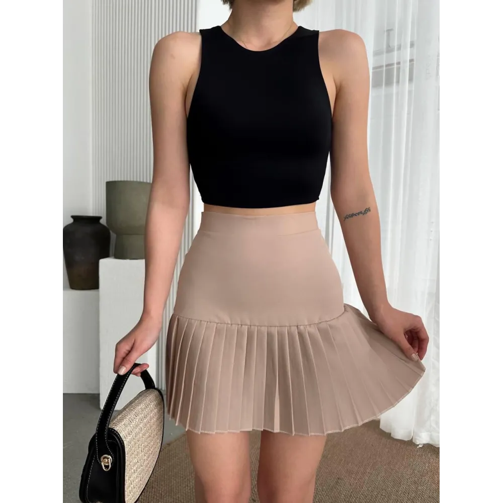 Altı Pliseli Mini Etek Bej (Beden: S)