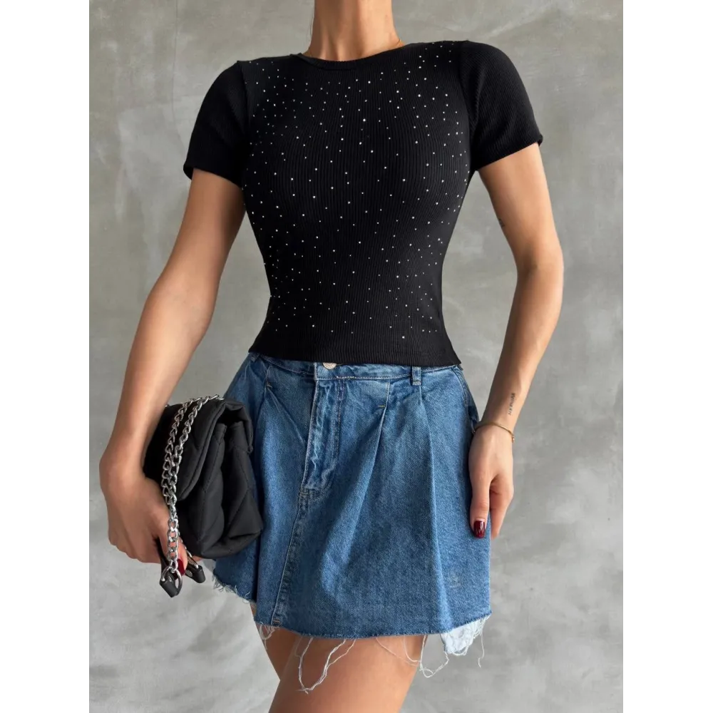 Taş Baskılı Kaş Korse Bluz Siyah (Beden: Standart)