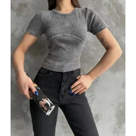 Nakış İşlemeli Asit Yıkamalı Bluz Antrasit (Beden: Standart)