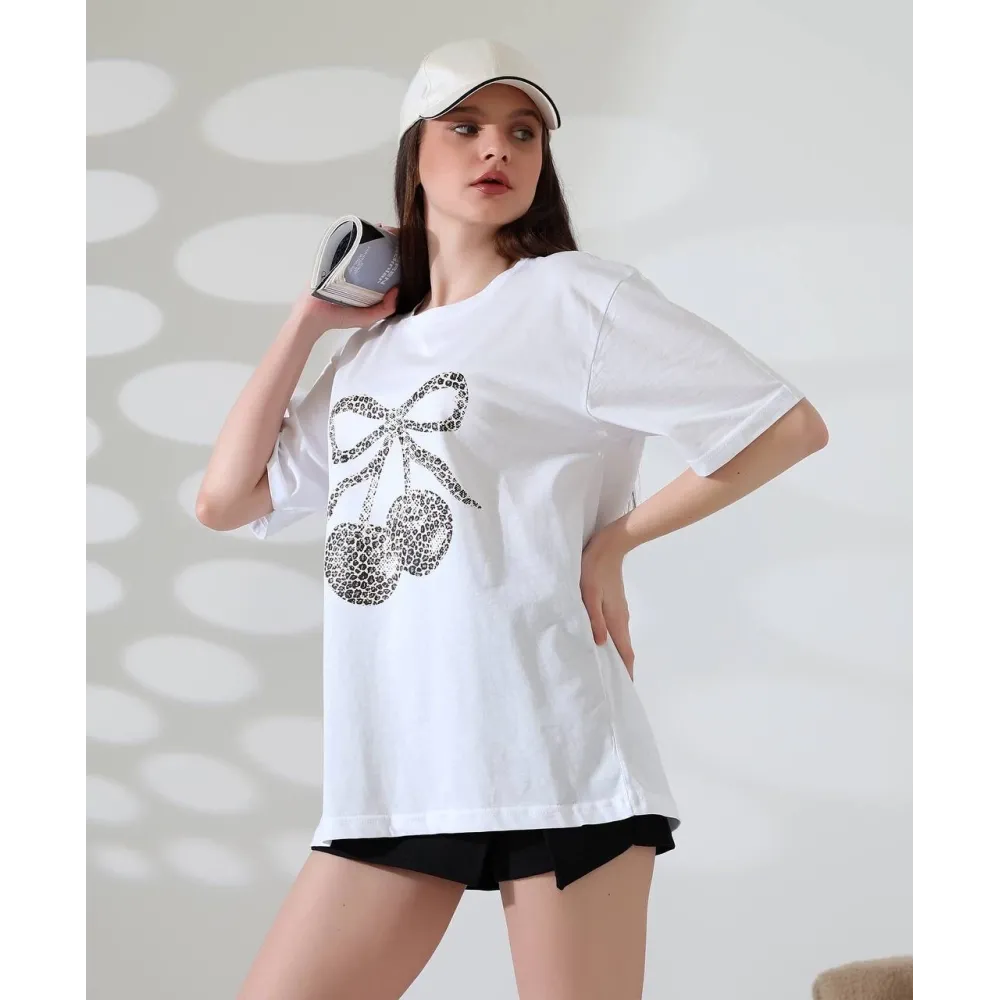 Leopar Desenli Kiraz Baskılı Tişört Beyaz (Beden: Xl)