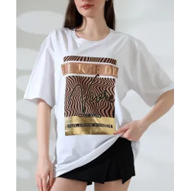 Varak Çizgili Oversize Tişört Beyaz (Beden: S)