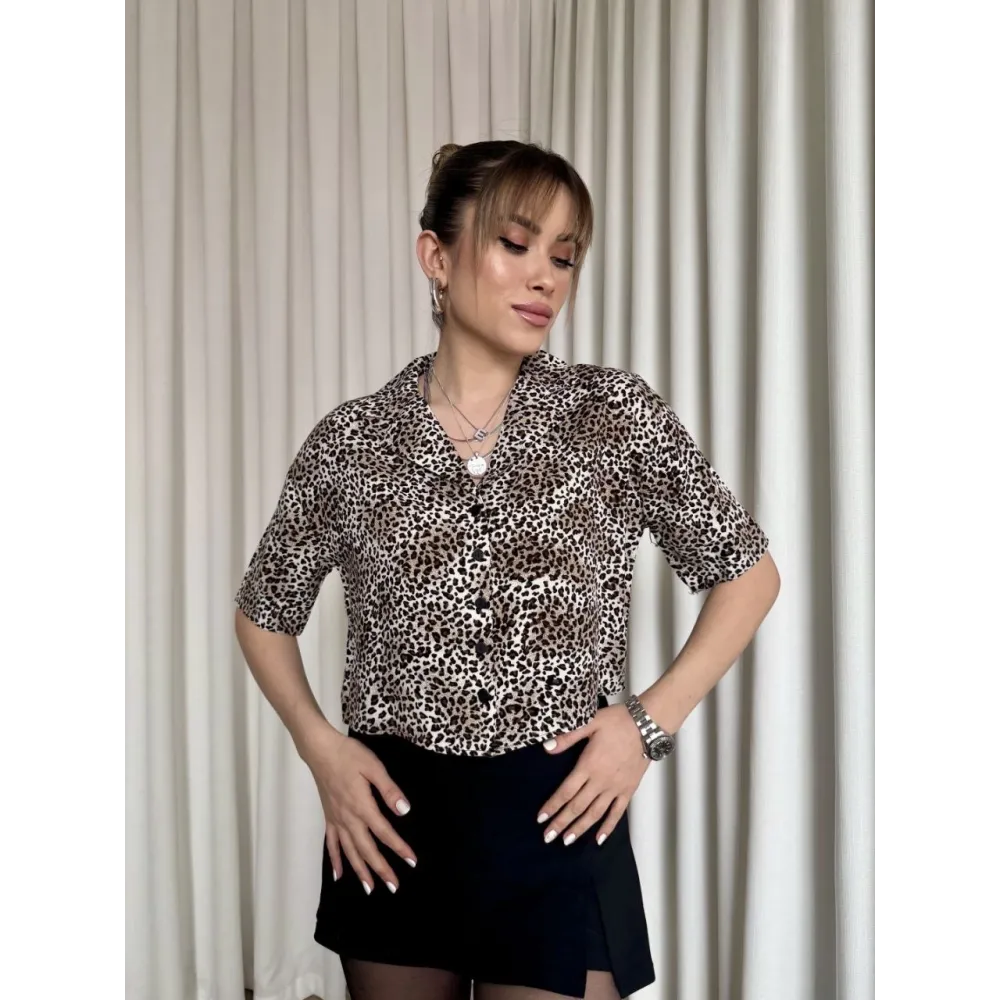 Leopar Desenli Crop Gömlek Kahve (Beden: M)