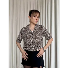 Leopar Desenli Crop Gömlek Kahve (Beden: L)