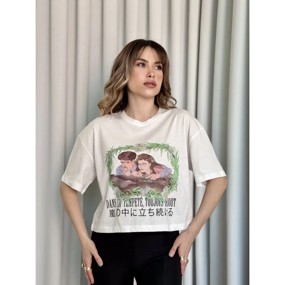 Oversize Beyaz Baskılı Crop Tişört (Beden: S)