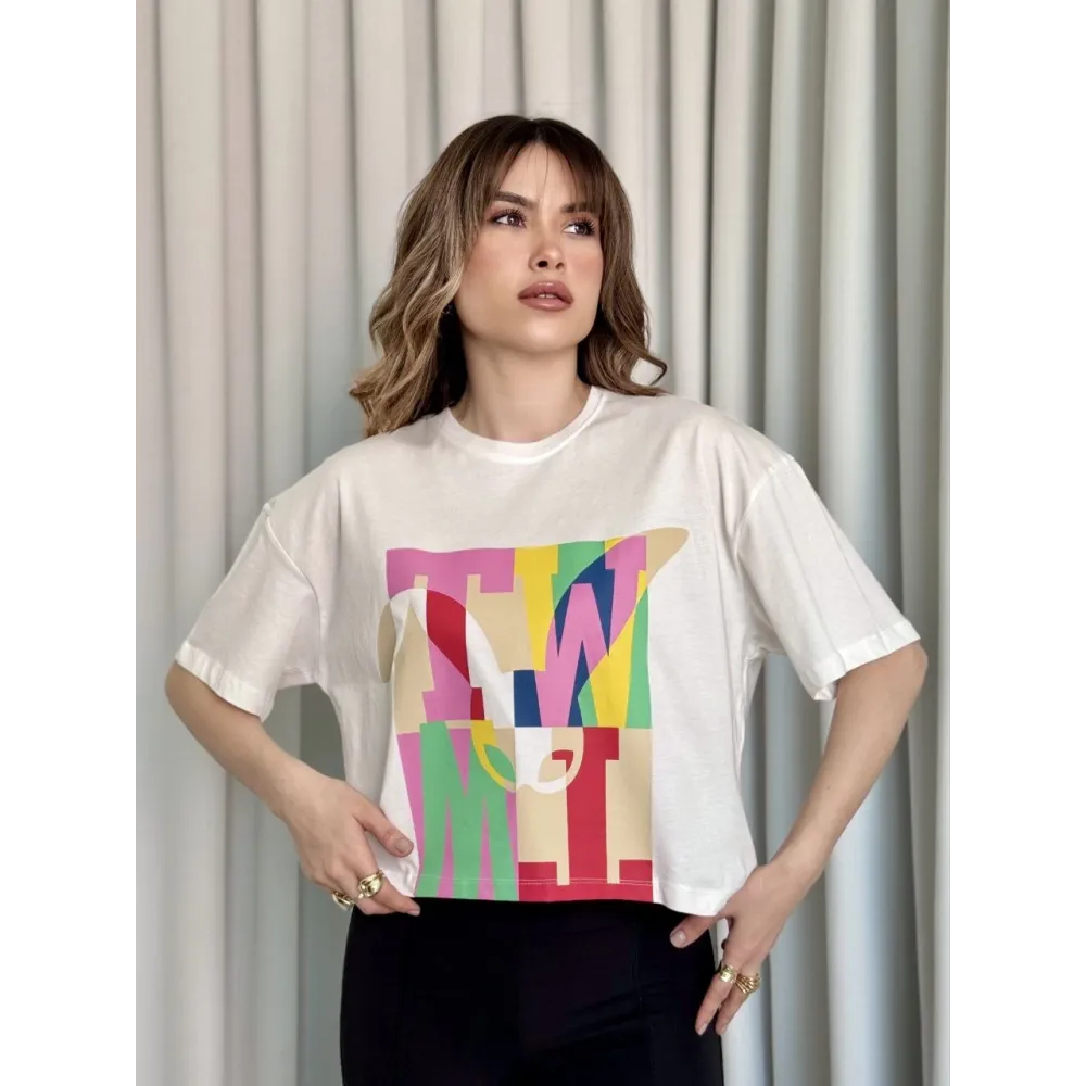 Baskılı Crop Tişört Beyaz (Beden: S)