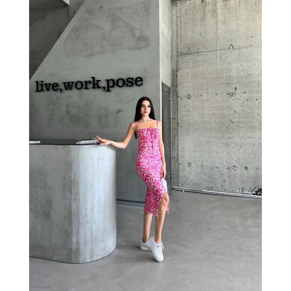 Kaşkorse Desenli Askılı Elbise Pembe (Beden: L)