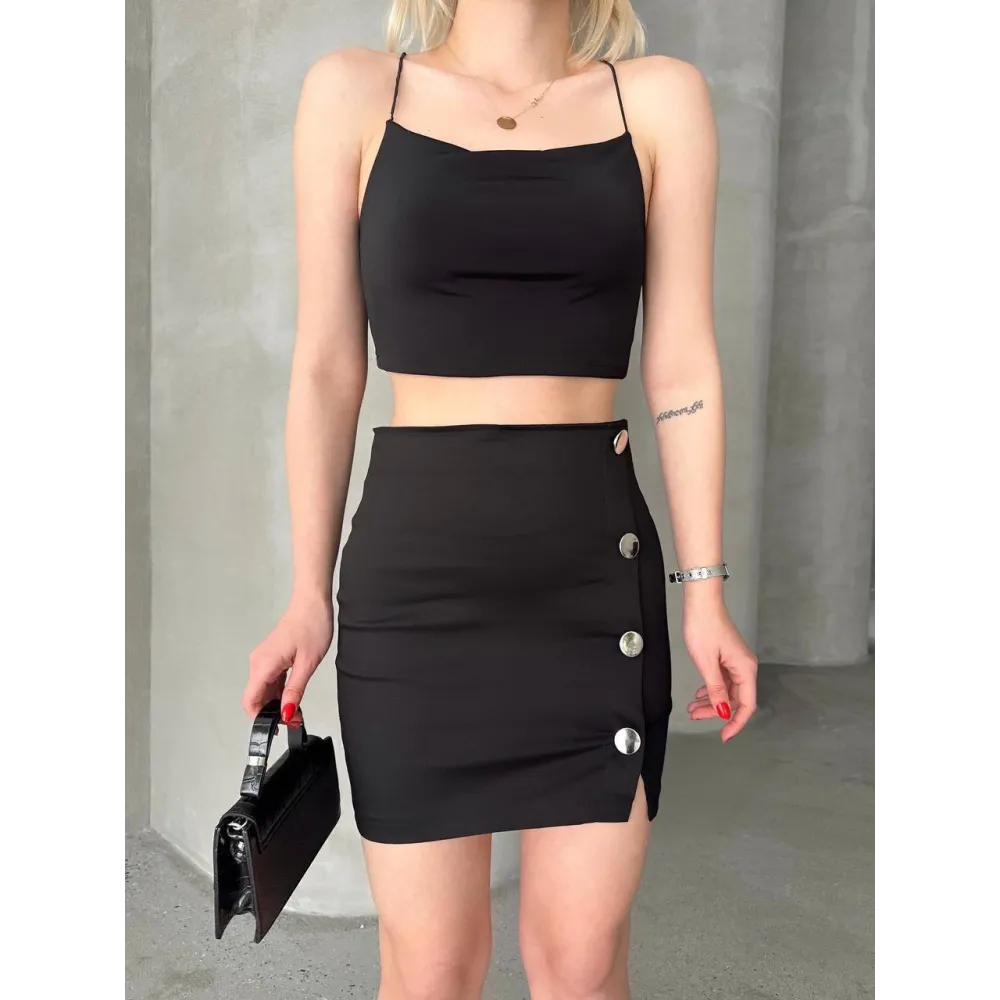 Likralı Gabardin Dört Düğmeli Etek Siyah (Beden: M)