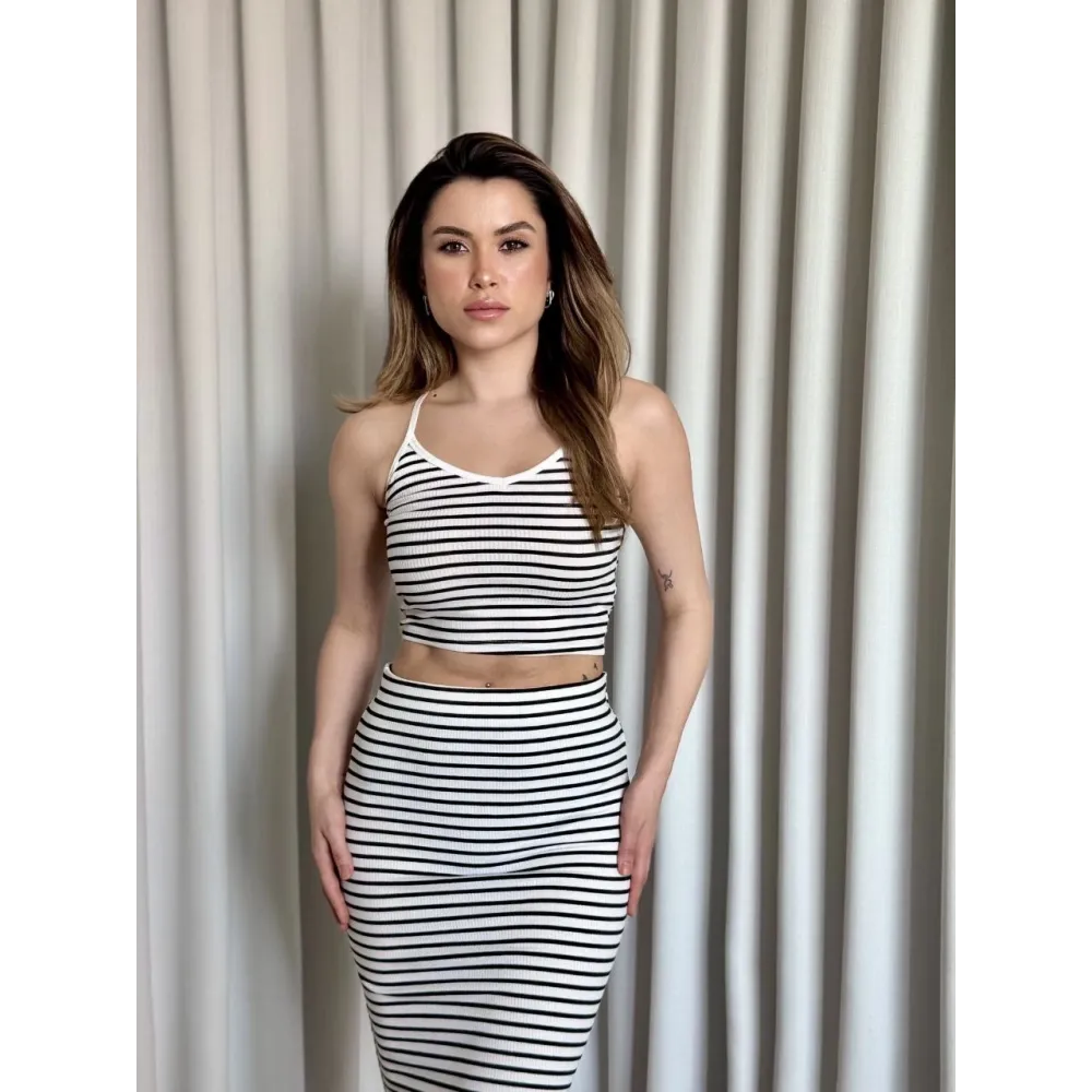 Çizgili Etek Crop Takım Beyaz (Beden: L)