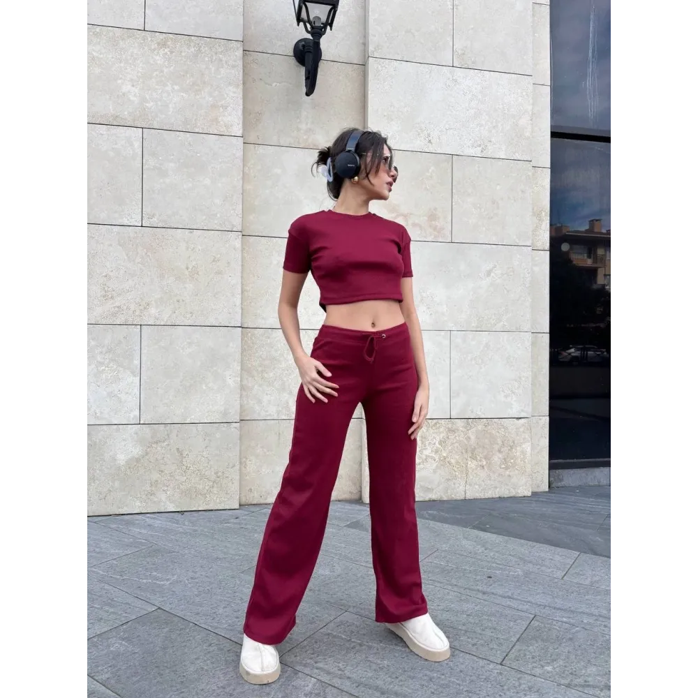 Bol Paça Pantolonlu Alt Üst Takım Bordo (Beden: L)