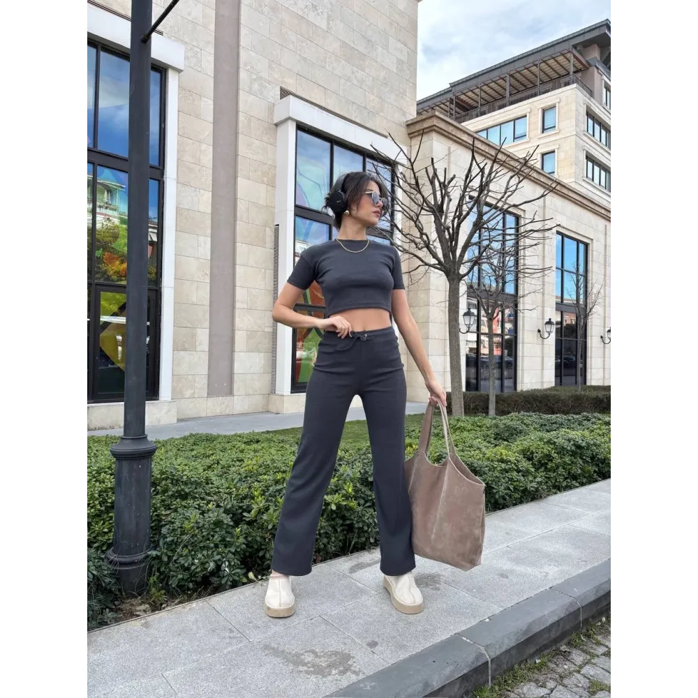 Bol Paça Pantolonlu Alt Üst Takım Antrasit (Beden: L)