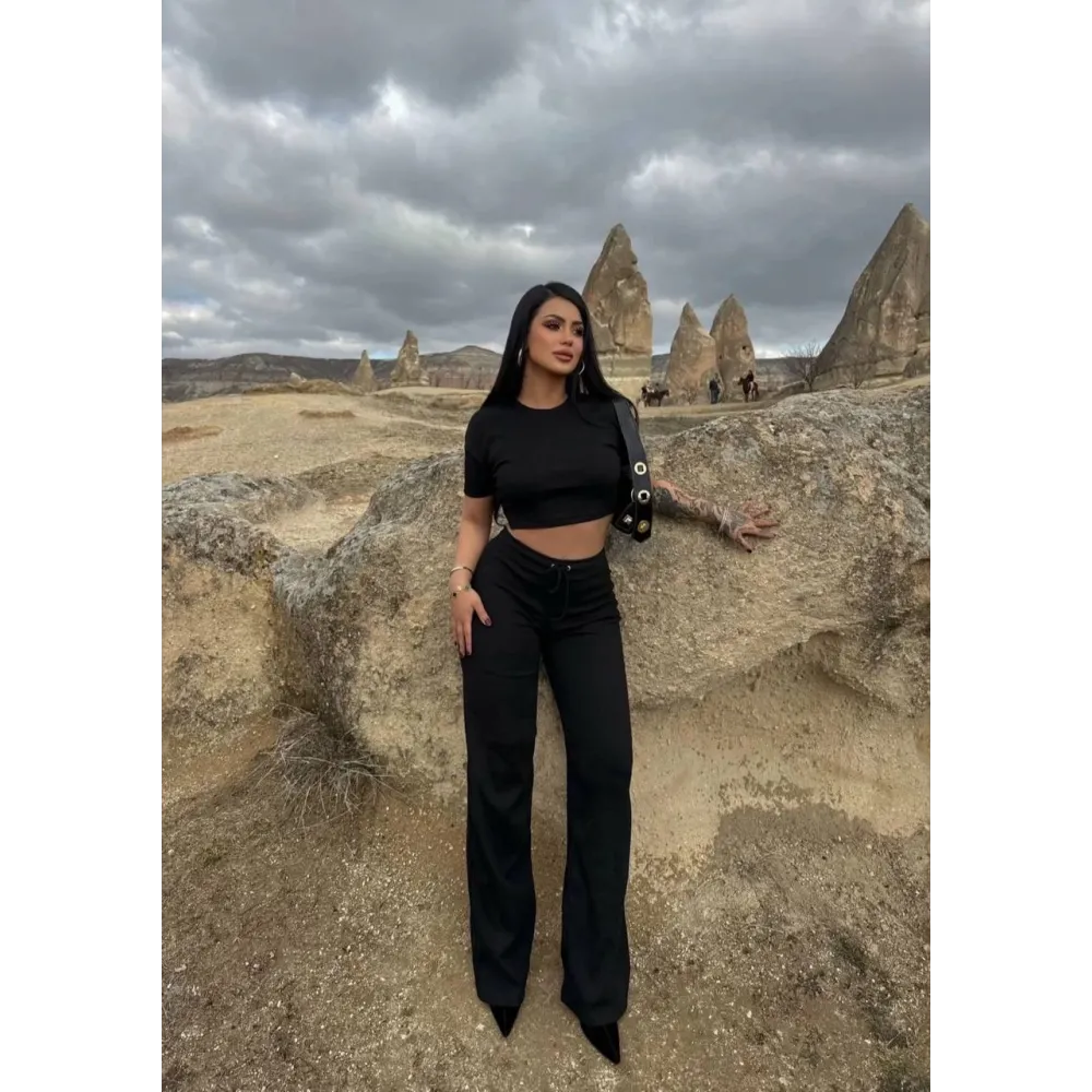 Bol Paça Pantolonlu Alt Üst Takım Siyah (Beden: M)