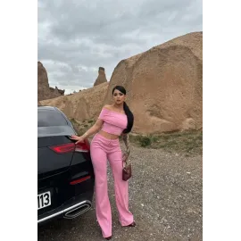 Madonna Yaka Bol Paça Pantolonlu Takım Pembe (Beden: S)