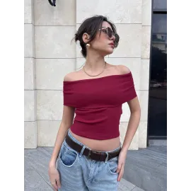 Madonna Yaka Sıfır Kol Bluz Bordo (Beden: M)