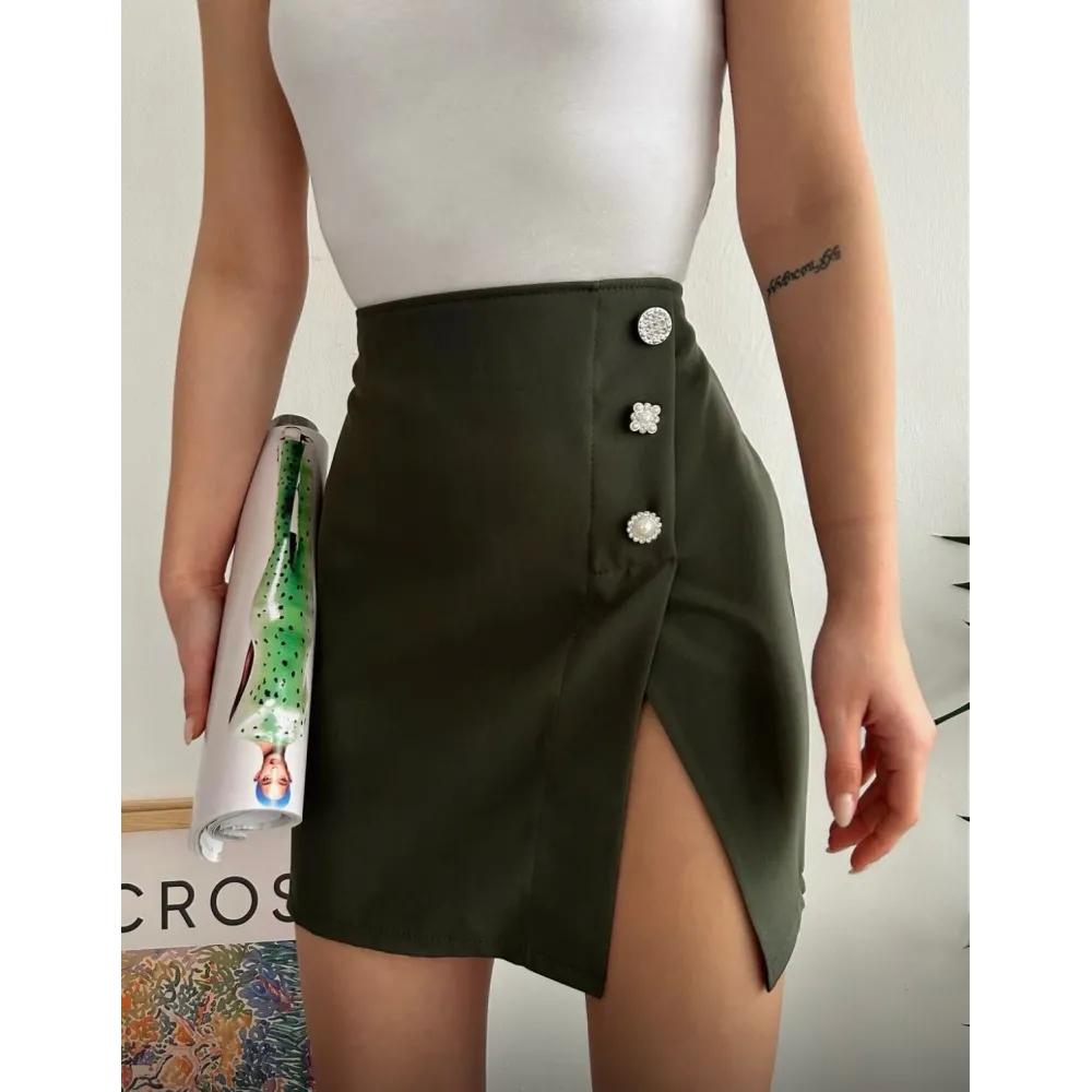 Üç Taşlı Mini Etek Haki (Beden: M)