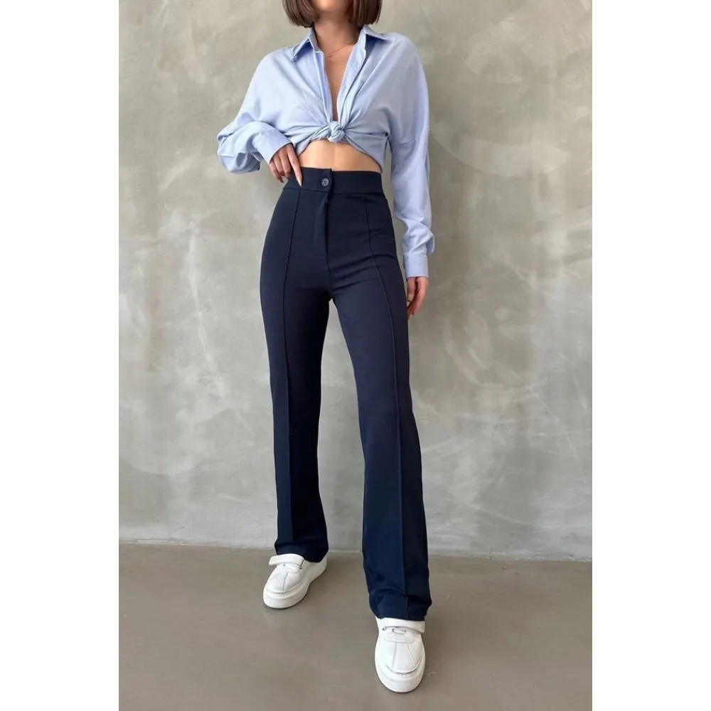 Önü Cumalı İthal Krep Pantolon Lacivert (Beden: M)