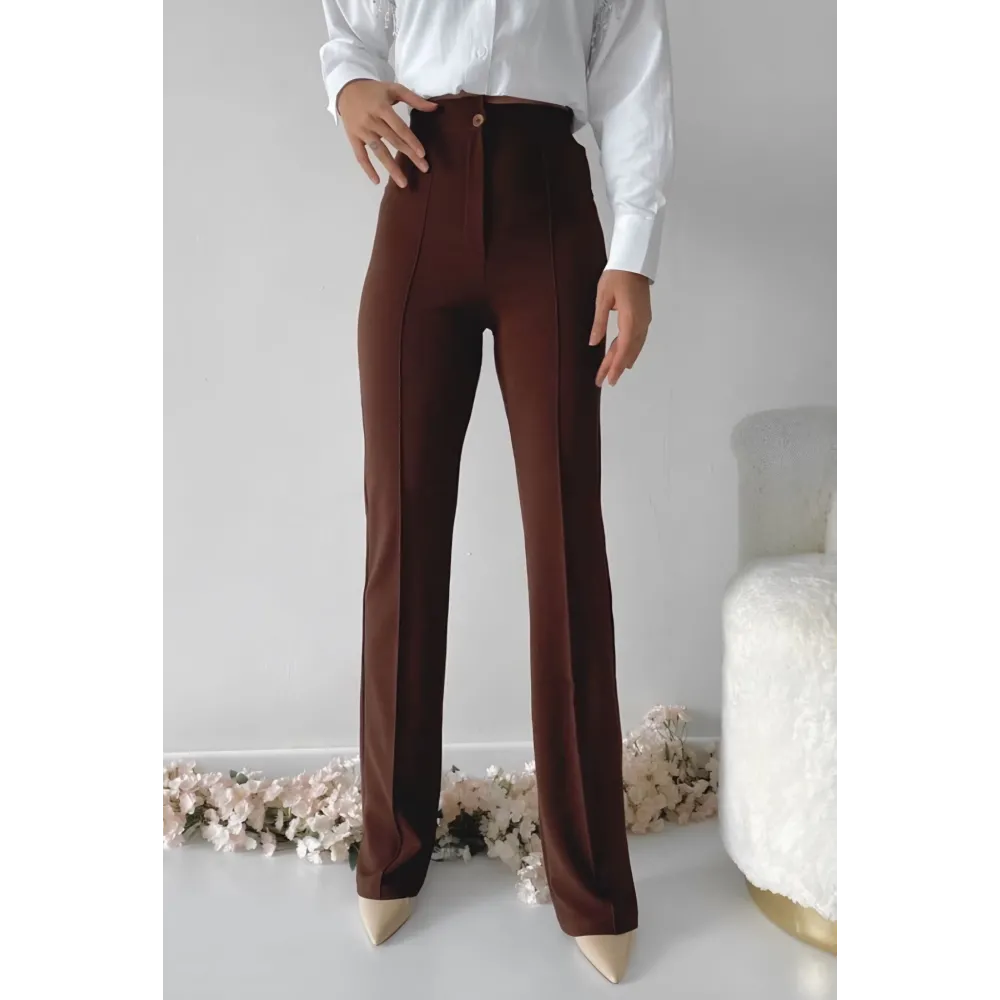 Önü Cumalı İthal Krep Pantolon Kahve (Beden: Xl)