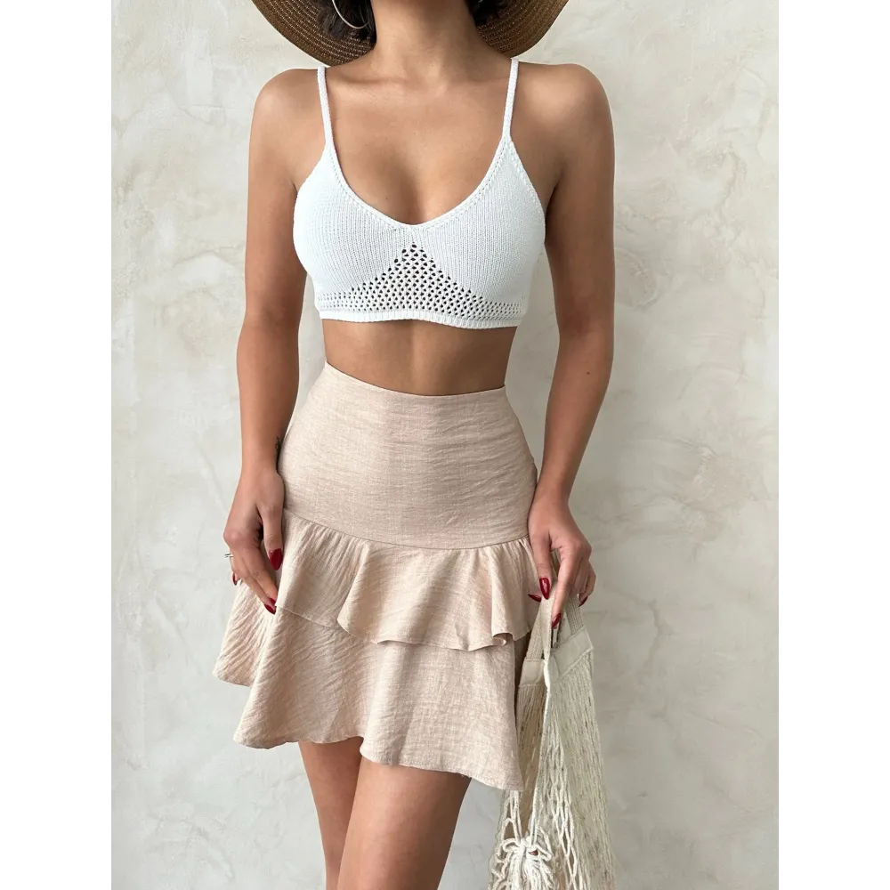 Valonlu Fırfırlı Etek S24681 Bej (Beden: M)