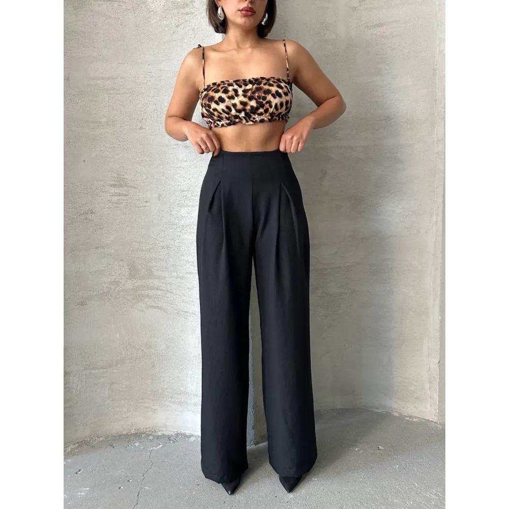 Pileli Keten Pantolon S255046 Siyah (Beden: S)