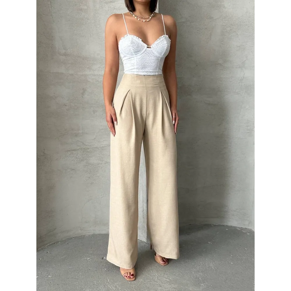 Pileli Keten Pantolon S255046 Bej (Beden: M)