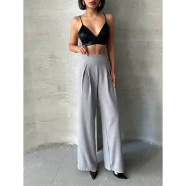 Pileli Keten Pantolon S255046 Gri (Beden: Xl)