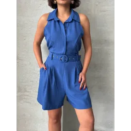 Yakalı Şort Tulum Mavi (Beden: M)