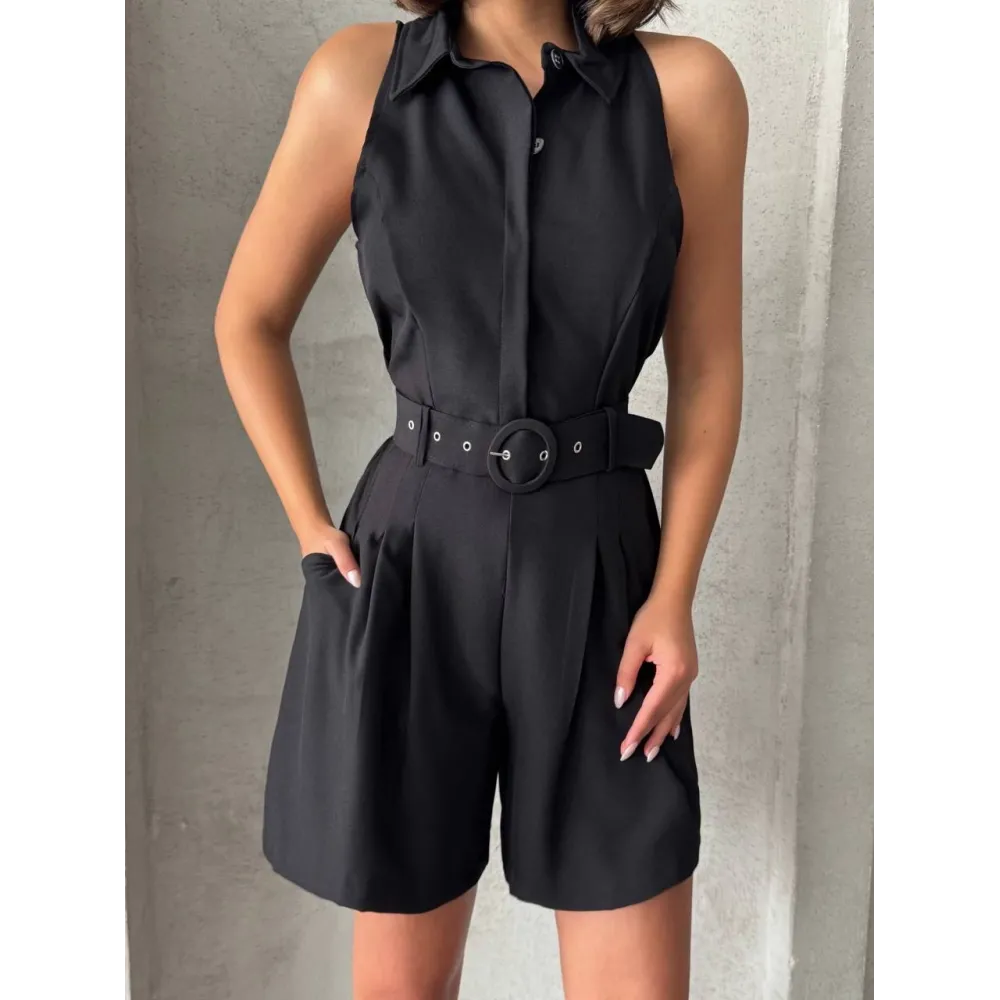 Yakalı Şort Tulum Siyah (Beden: S)