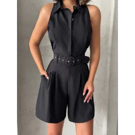 Yakalı Şort Tulum Siyah (Beden: S)