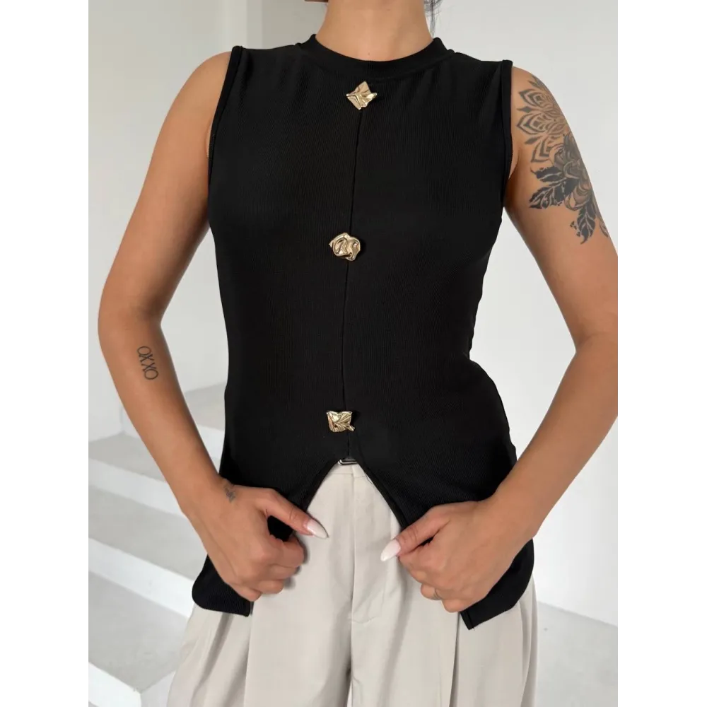 Kadın Siyah Bisiklet Yaka Gold Düğmeli Ottoman Bluz S2310 (Beden: M)