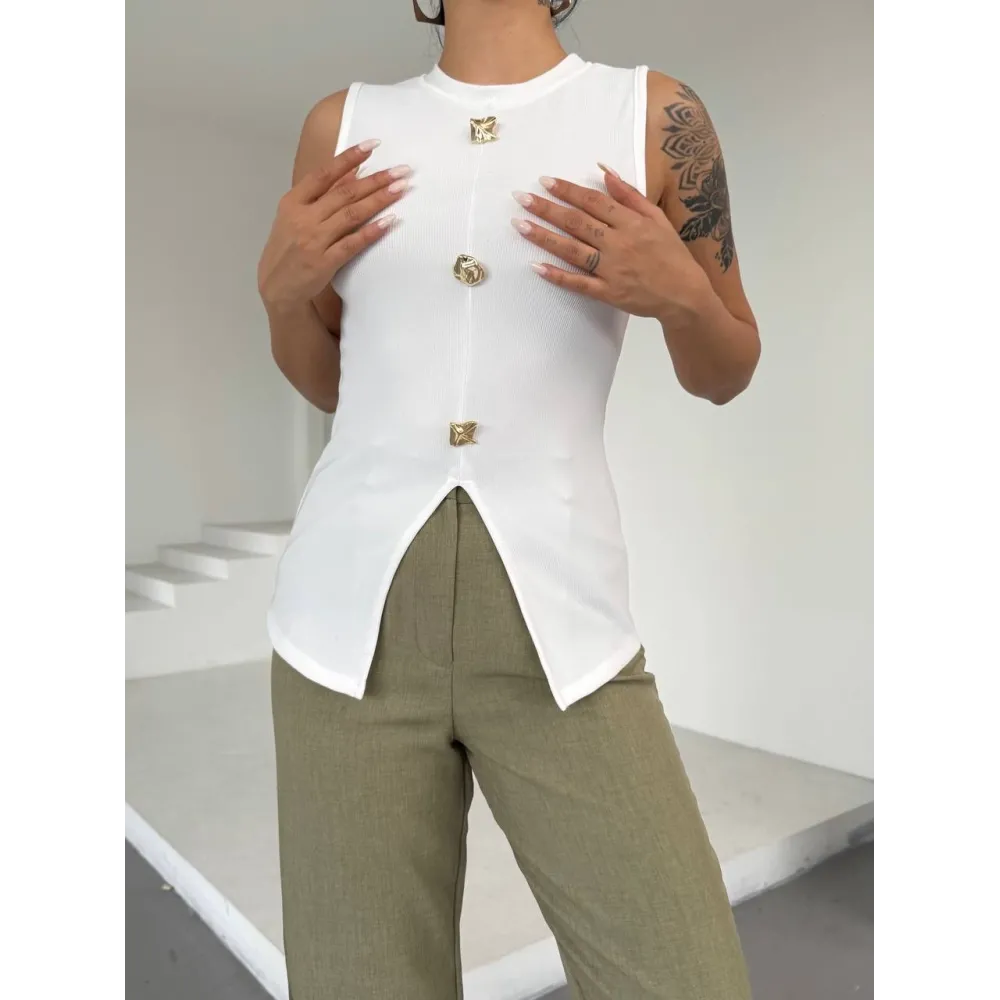 Kadın Beyaz Bisiklet Yaka Gold Düğmeli Ottoman Bluz S2310 (Beden: M)