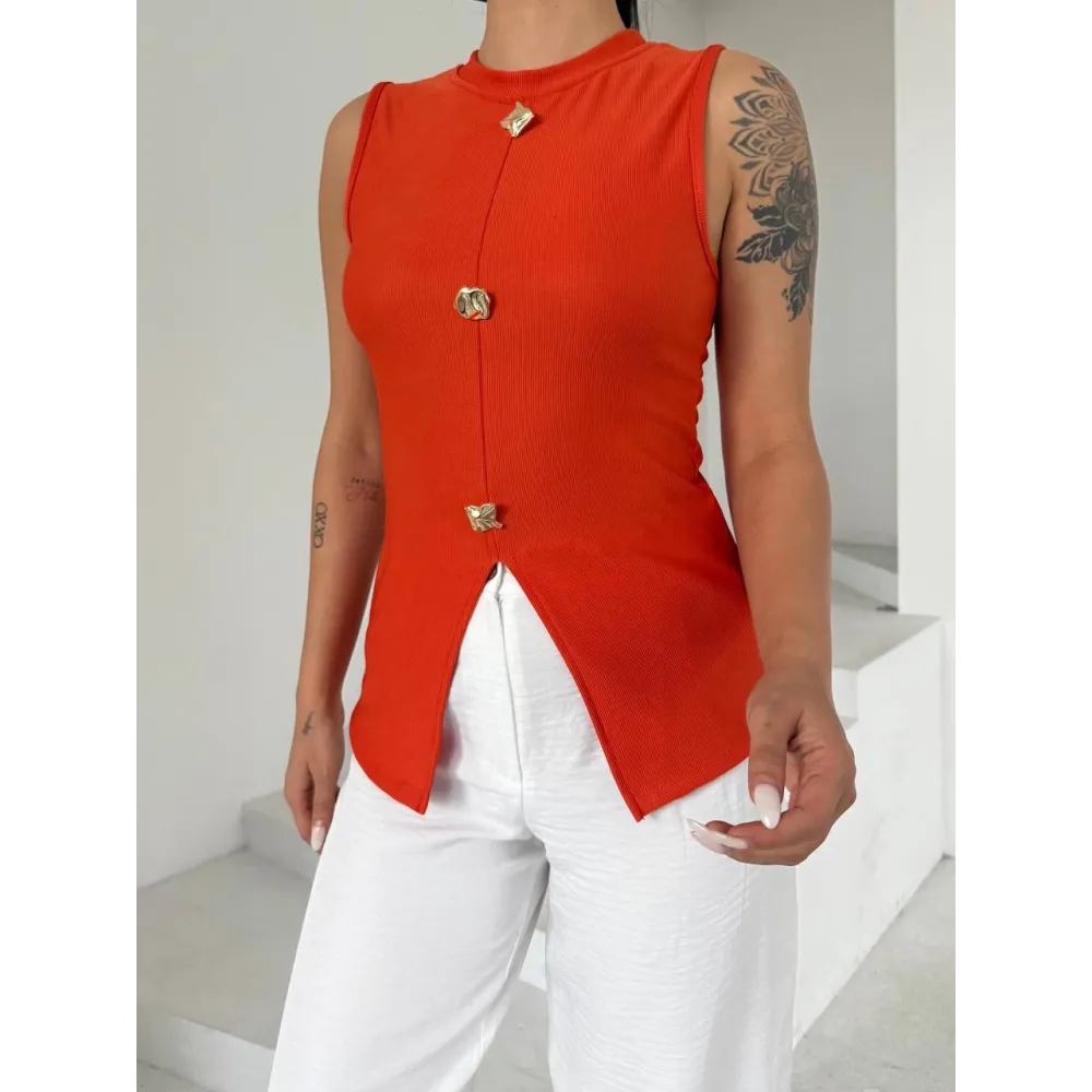 Kadın Turuncu Bisiklet Yaka Gold Düğmeli Ottoman Bluz S2310 (Beden: S)