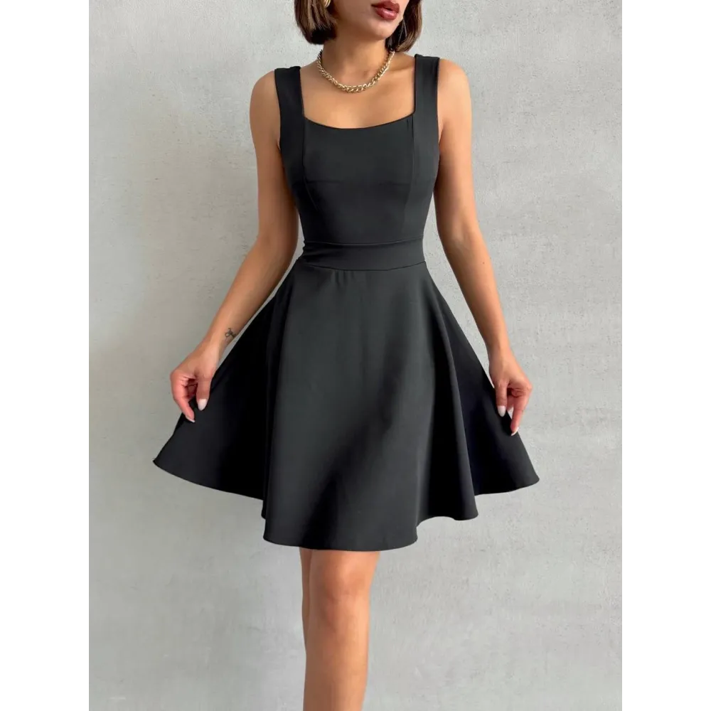 Kadın Kare Yaka Kısa Elbise S251188 Siyah (Beden: M)