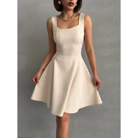 Kadın Kare Yaka Kısa Elbise S251188 Bej (Beden: M)
