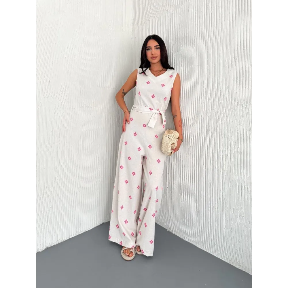 Sırt Dekolteli Keten Beyaz Tulum S1036 (Beden: M)