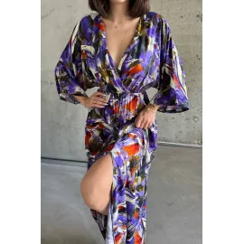 Dokuma Baskılı Yarasa Kol Elbise S8124 Mor (Beden: S)