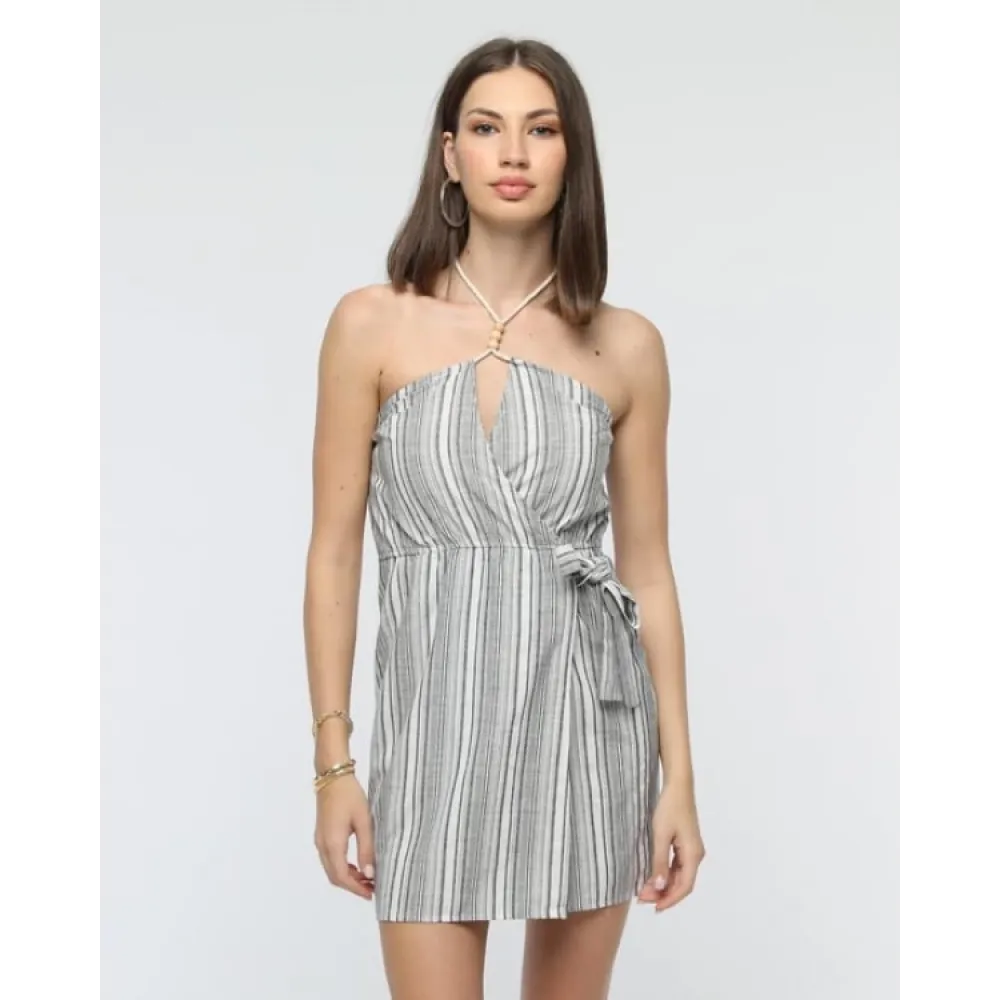 Kuşaklı Çizgili Mini Keten Elbise Gri (Beden: M)