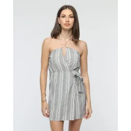 Kuşaklı Çizgili Mini Keten Elbise Gri (Beden: L)