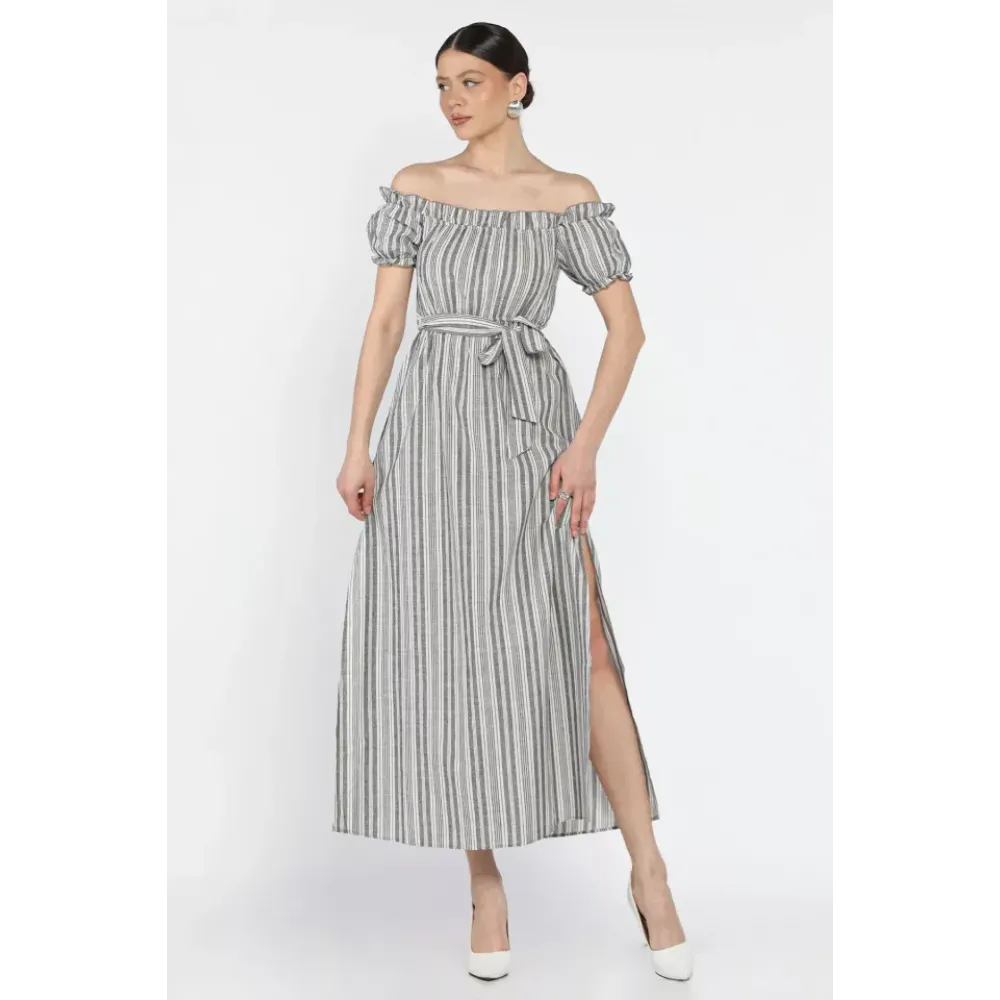 Madonna Yaka Midi Yırtmaçlı Kuşaklı Keten Elbise Gri (Beden: S)