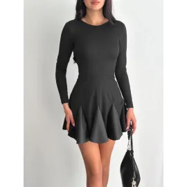 Eteği Kloş Crep Mini Elbise S1267 Siyah (Beden: L)