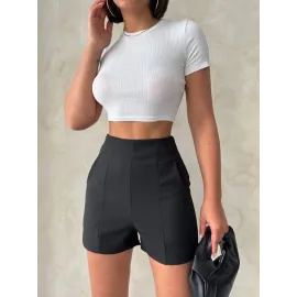 Yüksek Bel Parçalı Double Kumaş Şort S25312 Siyah (Beden: L)