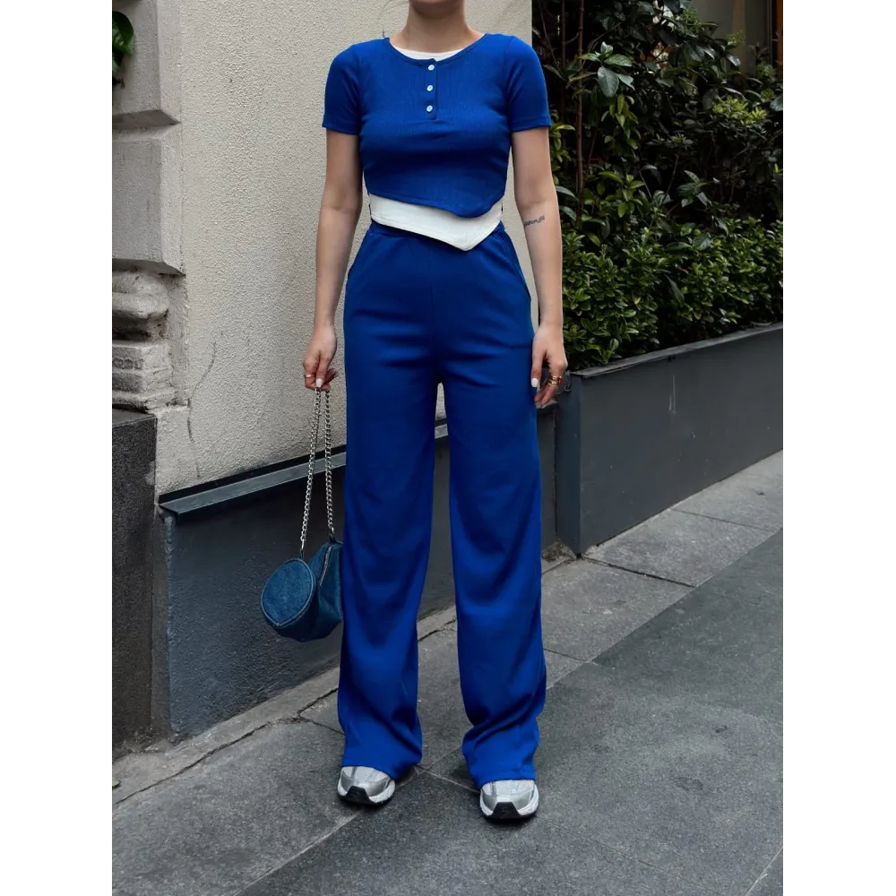 Düğme Yakalı Saks Alt Üst Takım S3943 (Beden: L)