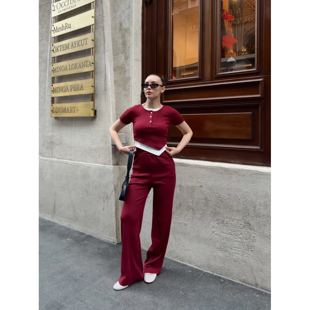 Düğme Yakalı Bordo Alt Üst Takım S3943 (Beden: S)