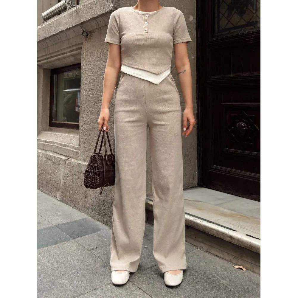 Düğme Yakalı Bej Alt Üst Takım S3943 (Beden: L)